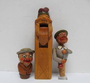 lot 98 image: Old Vintage German Black Forest Carved Nutcracker & 2 Bottle Toppers