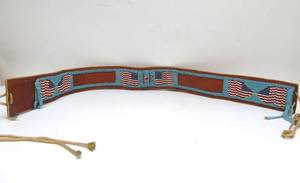 lot 100 image: Excellent Old Vintage Native American Style Beaded Leather Belt wAmerican Flags