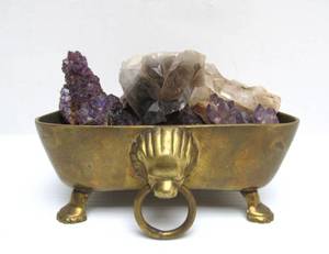 lot 71 image: Vintage Footed Brass Bowl Full of Amethyst & Crystal Clusters
