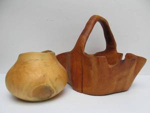 lot 86 image: Handmade Burl Wood Basket & Signed Turned Wood Vase
