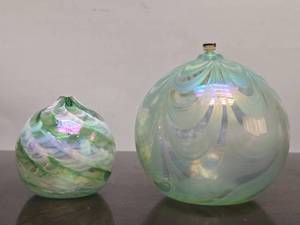 lot 132 image: 2 Very Nice Looking Iridescent Art Glass Oil Candles