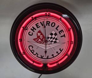 Working Neon CHEVROLET CORVETTE Round Advertising Clock