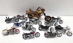 lot 258 image: Group of Diecast Metal Motorcycles & Larger Handcrafted Wooden Motorcycle
