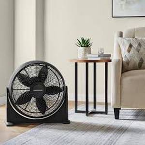 lot 59 image: Hampton Bay 20 in. 3 Speeds Floor Fan in Black with 90° Adjustable Tilt and Built in Carry Handle Customer Returns See Pictures