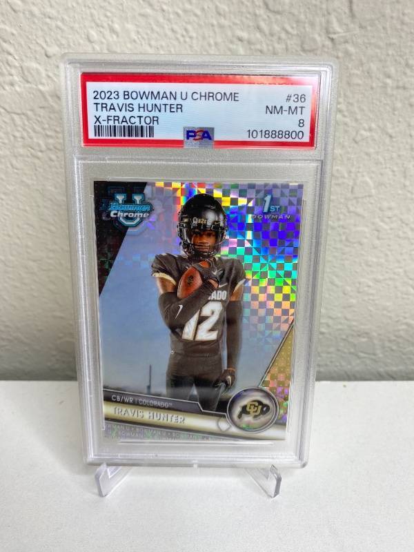 lot 10 image: 2023 Bowman 1st U Chrome Travis Hunter X-Fractor Graded PSA 8 M