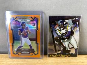 lot 247 image: Jaren Hall Prizm RC Numbered 54249 & Cris Carter Slideshow Numbered 7281000 Vikings Cards J
