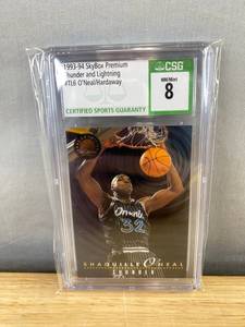 lot 38B image: 1993-94 SkyBox Premium Thunder and Lightning Shaquille ONeal & Anfernee Hardaway NBA Orlando Magic Card - Graded CSG 8 N