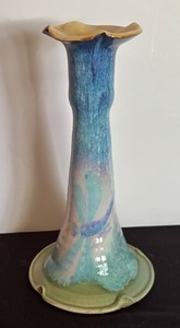 lot 182 image: Artisan Crafted Pastel Dragonfly Motif Pottery Vase by JP