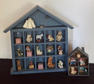 lot 193 image: Wooden House Shaped Shelves with Multiple Miniatures including Blocks, Bears, Raggedy Ann & Andy and More