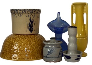 lot 208 image: Vintage Haeger Mustard Bowl, Yellow Shownoe Potter Bud Vase, Jack in the Pulpit Vase and More