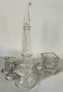 lot 206 image: Lovely Crystal and Glass including Decanter, Petit Candle Holders, Bell (Germany), Heart and More