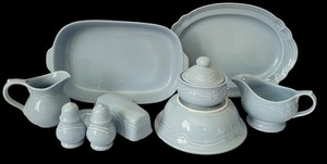 lot 202 image: Vintage Pfaltzgraff Blue Platter, Salt & Pepper Shakers, Gravy Boat, Vegetable Bowl and More