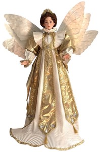 lot 123 image: 23 Inch Gold and White Porcelain Angel Doll with Wings