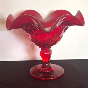 lot 349 image: Vintage Viking Ruby Red Ruffled Georgian Glass Compote Dish