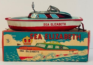 lot 309 image: Great Find with Box Sea Elizabeth Tin Litho Wind-Up Toay  Japan Tin Boat No.1306