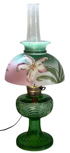 lot 217 image: Vintage 20-Inch Green Glass Table Lamp with Floral Shade