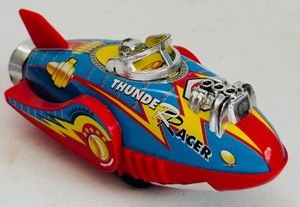lot 371 image: Vintage Thunder Racer Friction Toy Powered Tin Toy Thunder Racer Robox Rocket No 74500 by Play Go LTD