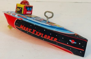lot 453 image: Vintage 1996 Schylling Mars Explorer Tin Toy Wind-Up Speedboat Boxed Robot Out Space
