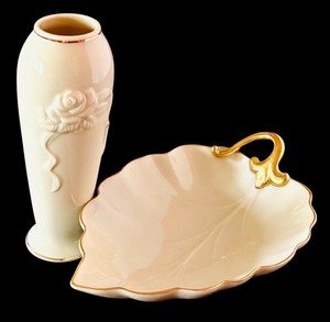 lot 451 image: Vintage Lenox Hand Decorated 24k Gold Trim Leaf Dish and Lenox Rosebud Vase