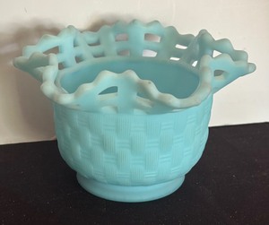 lot 355 image: Vintage Fenton Blue Satin Basket Weave with Open Edge Ruffled Lace Rim Bowl