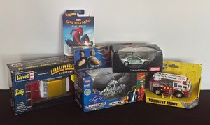 lot 479 image: New Recell 64 Chevy Impala SS Model Car, Tonka Fire Truck, Orange County Chopper Lucys Bike, Limited Edition Schuce Polizei Car, Hot Wheels Marvel Spiderman Power Rage Car