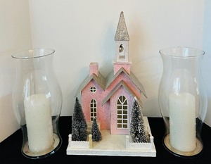 lot 43 image: Vintage-Inspired Pink Putz Christmas House and Glass Hurricane Candle Holders