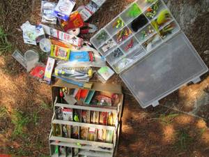 lot 223 image: Tackle box and organizer box contai...
