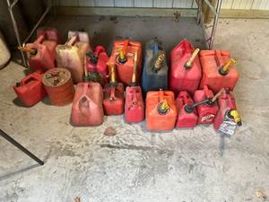 lot 684 image: Collection of 14 Used Fuel Cans of Various Sizes and Colors