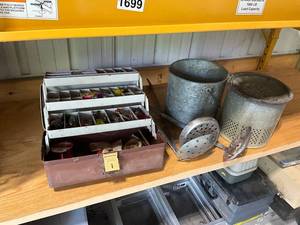 lot 724 image: Vintage Fishing Equipment Collection with Tackle Box and Metal Fish Baskets