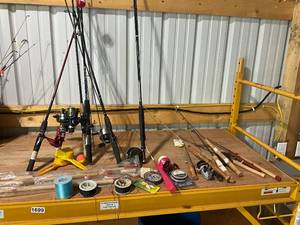 lot 727 image: Assorted Fishing Gear with Rods, Reels, and Accessories