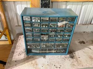 lot 737 image: Industrial Metal Hardware Organizer with Various Nuts, Bolts, and Fasteners
