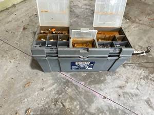 lot 764 image: Benchtop Tool Storage Box with Assorted Plumbing Tools and Fittings