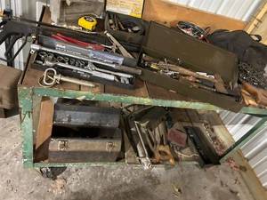 lot 784 image: Industrial Metal Workbench with Assorted Hand Tools and Toolboxes