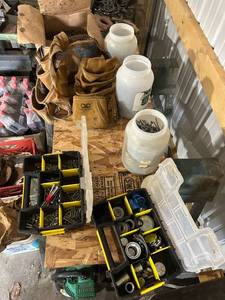 lot 794 image: Collection of Hardware Fasteners, Sandpaper, and Tool Belt Assortment