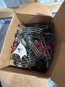 lot 818 image: Lot of Vintage Lionel Train Track, Accessories, Electrical Parts, and Assorted Model Train Cars