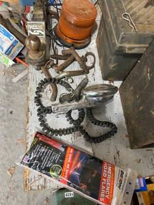 lot 855 image: Collection of Trailer Towing Hardware with Vintage Spotlight, Emergency Road Flares, and Amber Warning Light