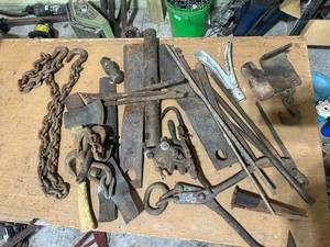 lot 886 image: Vintage Farm and Hand Tools Assortment with Chains and Hooks