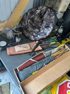 lot 895 image: Hunting and Archery Lot with Pop-Up Blind, Arrows, Quiver, Scope, Antler, and Accessories