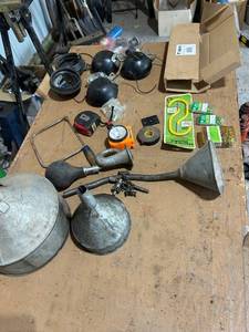 lot 900 image: Workshop Tool and Hardware Lot with Vintage Funnels and Bobcat Panel Filter