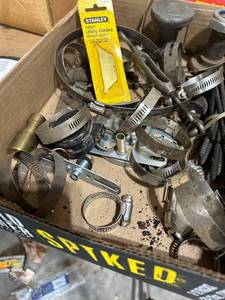lot 901 image: Box of Assorted Hose Clamps, Screws, and Utility Blades