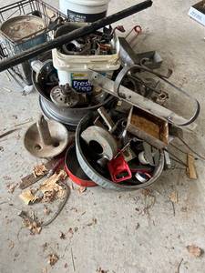 lot 866 image: Lot of Mixed Metal Scrap, Steel Panels, Barrels, and Hardware Assortment