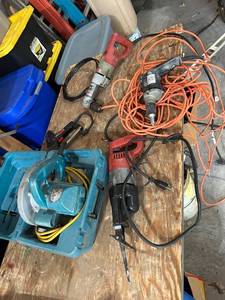 lot 879 image: Collection of Power Tools Including Saw, Reciprocating Saw, Drills, Stapler, and Flexible Shaft