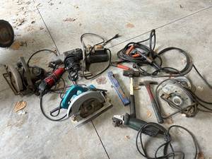 lot 883 image: Assorted Power Tools and Hand Tools Lot Including Circular Saws, Grinders, Impact Wrench, and Hammers