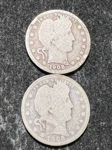 lot 15 image: 2 US BARBER QUARTERS 1906-O 1908-D