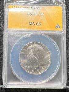 lot 19 image: 1973-D US KENNEDY HALF DOLLAR ANACS MS65