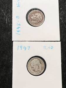 lot 21 image: 2 US ROOSEVELT DIMES 1947 1948-D