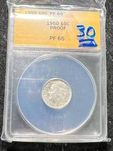 lot 27 image: 1950 US PROOF ROOSEVELT DIME ANACS PF65