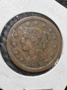lot 34 image: 1854 US BRAIDED HAIR LARGE CENT
