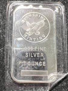 lot 35 image: 1 TROY OZ .999 FINE SILVER SUNSHINE MINTING BAR SEALED