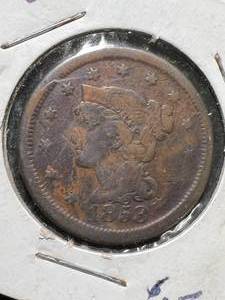 lot 42 image: 1853 US BRAIDED HAIR LARGE CENT